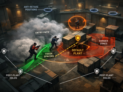 Valorant pistol round execute guide showing entry path, trade spacing, and post-plant positioning