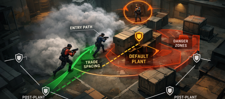 Valorant pistol round execute guide showing entry path, trade spacing, and post-plant positioning