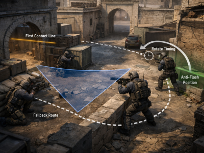 CS2 CT default setup showing anchor, support, and rotator holding a bombsite with crossfire angles