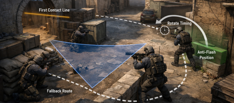 CS2 CT default setup showing anchor, support, and rotator holding a bombsite with crossfire angles