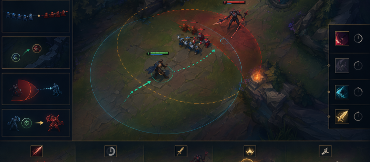 LoL-inspired tactical coaching illustration showing cooldown tracking and punish windows in lane