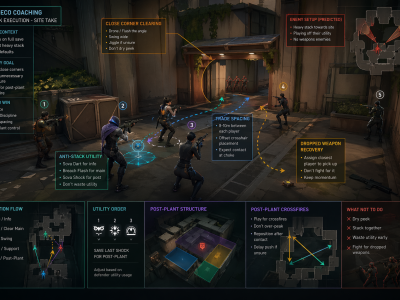 Valorant anti-eco attack guide illustration showing trade spacing and utility clearing against a full save stack