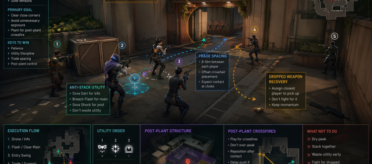Valorant anti-eco attack guide illustration showing trade spacing and utility clearing against a full save stack