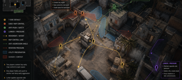 CS2 T-side default coaching illustration showing map control, anti-push setup, and early-round spacing fundamentals