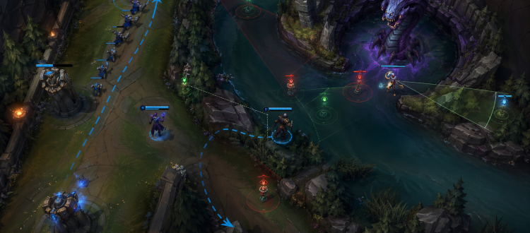 LoL Baron setup coaching illustration showing vision control and side lane pressure