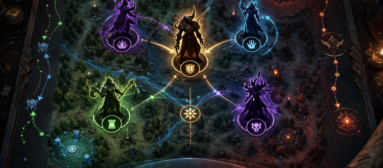 Dota 2 drafting board with linked hero roles and team synergy paths