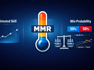 Dota 2 MMR explained infographic showing skill estimate, matchmaker balance, and win probability.