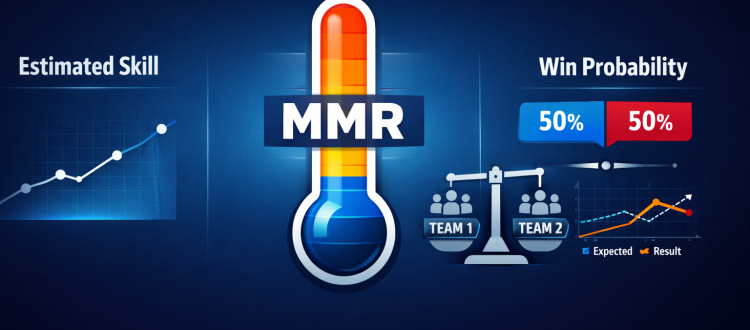 Dota 2 MMR explained infographic showing skill estimate, matchmaker balance, and win probability.