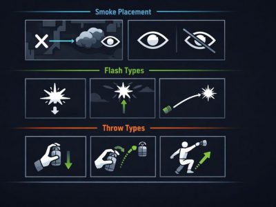 Minimalist infographic showing CS2 smoke placement, flash types, and basic throw methods for beginner utility practice.