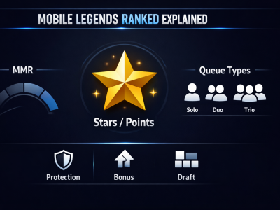 Mobile Legends rank system infographic showing stars, MMR, and queue types