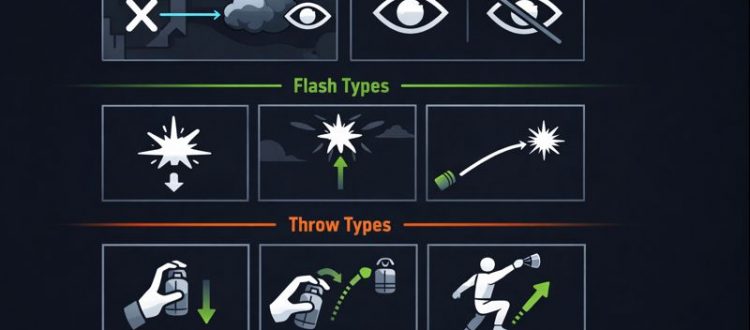 Minimalist infographic showing CS2 smoke placement, flash types, and basic throw methods for beginner utility practice.