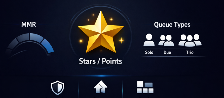 Mobile Legends rank system infographic showing stars, MMR, and queue types