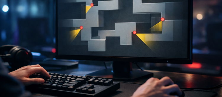 CS2 aim training setup showing crosshair placement concepts in a modern esports room