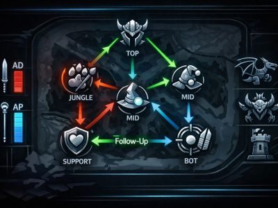 LoL role synergy infographic showing team comp structure, engage/peel links, and win conditions.