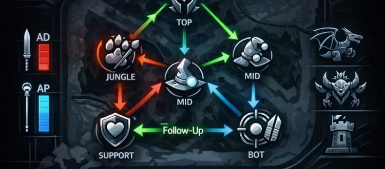 LoL role synergy infographic showing team comp structure, engage/peel links, and win conditions.