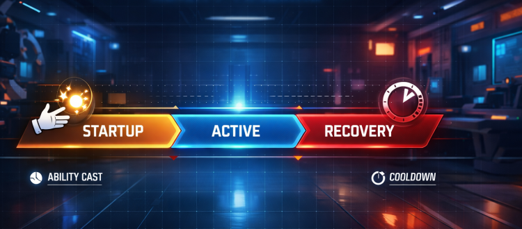 Marvel Rivals ability timing infographic showing startup, active, and recovery windows