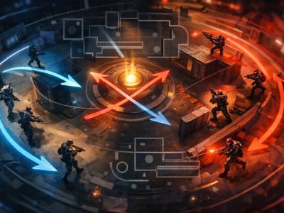 Marvel Rivals map awareness visual showing objective rotation paths and crossfire angles