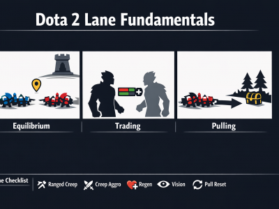 Dota 2 laning infographic showing equilibrium, trading, and pulling fundamentals