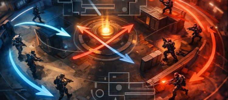 Marvel Rivals map awareness visual showing objective rotation paths and crossfire angles