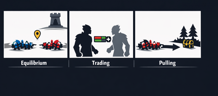 Dota 2 laning infographic showing equilibrium, trading, and pulling fundamentals