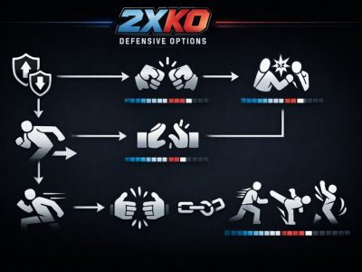 2XKO defensive options infographic showing blocking, throw tech, parry, retreating guard, push assist, and Break.