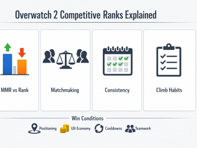 Overwatch 2 competitive ranks infographic showing MMR vs rank, matchmaking, and consistency habits.