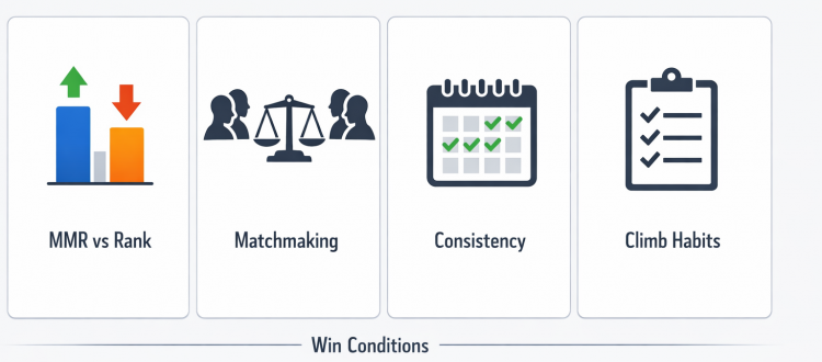Overwatch 2 competitive ranks infographic showing MMR vs rank, matchmaking, and consistency habits.