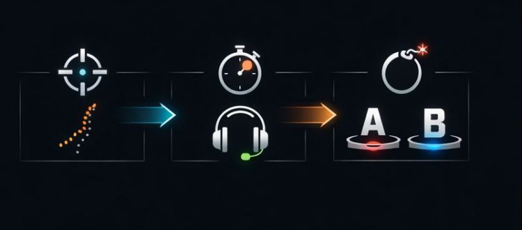 CS2 warm-up routine diagram showing workshop, deathmatch, and retake steps