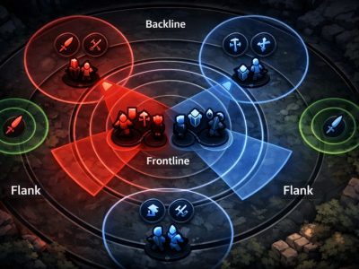 LoL teamfight positioning diagram showing frontline, backline, flank, and safe spacing zones