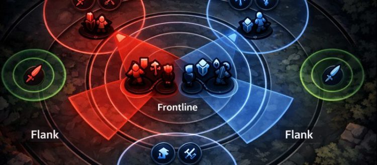 LoL teamfight positioning diagram showing frontline, backline, flank, and safe spacing zones
