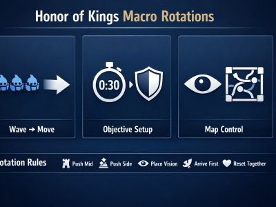 Honor of Kings macro rotation infographic showing wave control, objective setup, and map control rules.