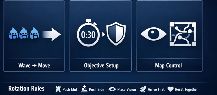 Honor of Kings macro rotation infographic showing wave control, objective setup, and map control rules.