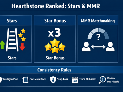 Hearthstone ranked system infographic showing stars, star bonus multiplier, and hidden MMR matchmaking flow.