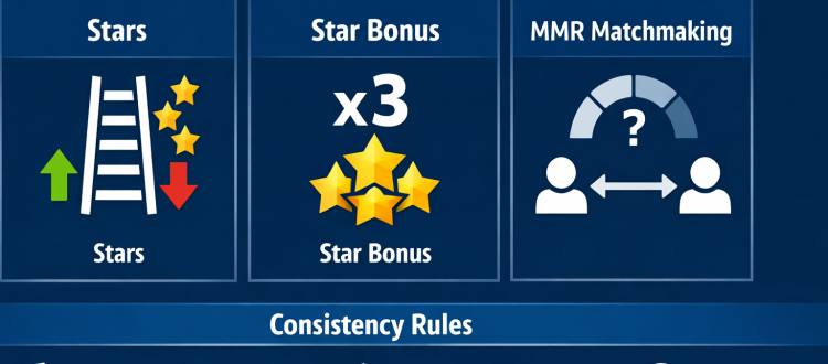 Hearthstone ranked system infographic showing stars, star bonus multiplier, and hidden MMR matchmaking flow.