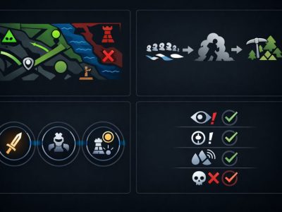 Dark UI infographic showing safe farming patterns and rotation timing in Dota 2