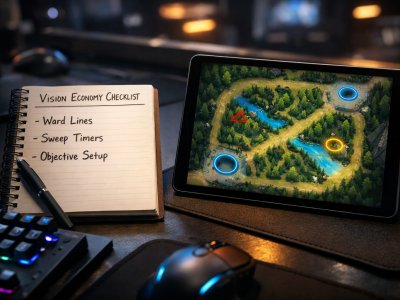 LoL vision economy checklist showing ward lines, sweeper timers, and objective setup