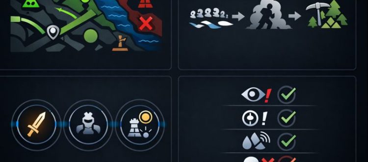 Dark UI infographic showing safe farming patterns and rotation timing in Dota 2