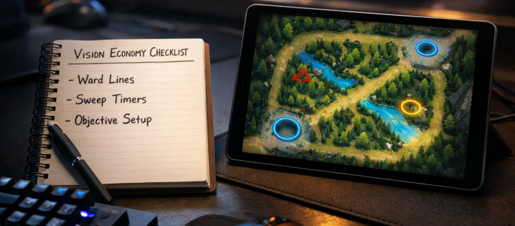 LoL vision economy checklist showing ward lines, sweeper timers, and objective setup