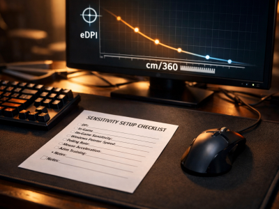Esports desk with a sensitivity setup checklist and abstract cm/360 and eDPI chart.