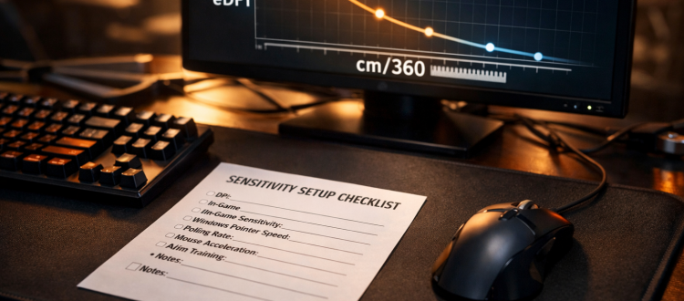 Esports desk with a sensitivity setup checklist and abstract cm/360 and eDPI chart.