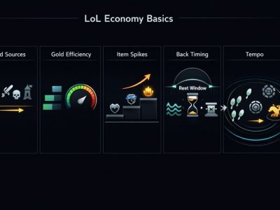 LoL economy basics infographic showing gold efficiency, item spikes, and when to back