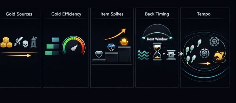 LoL economy basics infographic showing gold efficiency, item spikes, and when to back