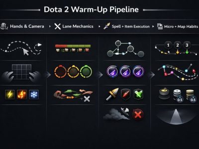 Dota 2 warm-up routine infographic showing drills for laning, combos, items, and map habits