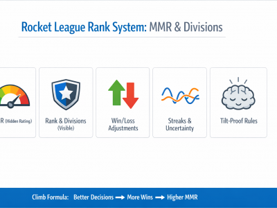 Rocket League rank system infographic showing MMR, divisions, and win/loss movement