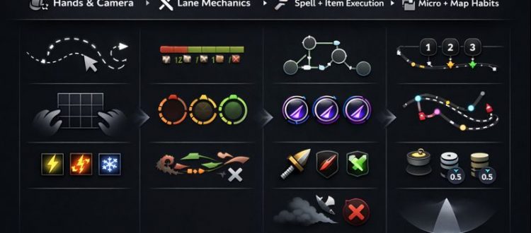 Dota 2 warm-up routine infographic showing drills for laning, combos, items, and map habits