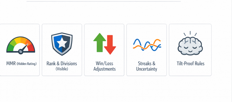 Rocket League rank system infographic showing MMR, divisions, and win/loss movement