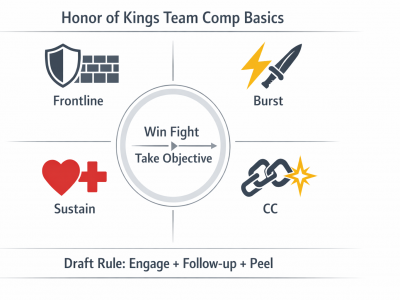 Honor of Kings team composition diagram showing frontline, burst, sustain, and CC