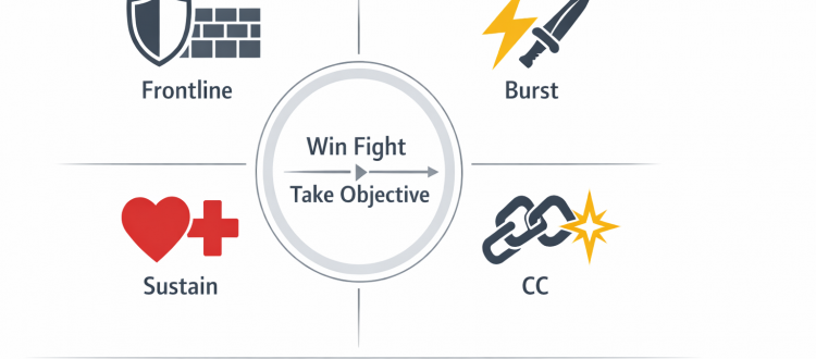 Honor of Kings team composition diagram showing frontline, burst, sustain, and CC