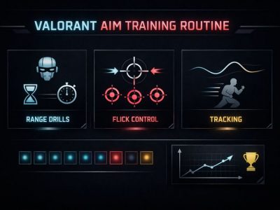 Valorant aim training routine infographic with range drills, flick and tracking modules