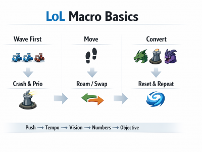 LoL macro basics infographic showing wave control, roams, lane swaps, and objective conversion loop.